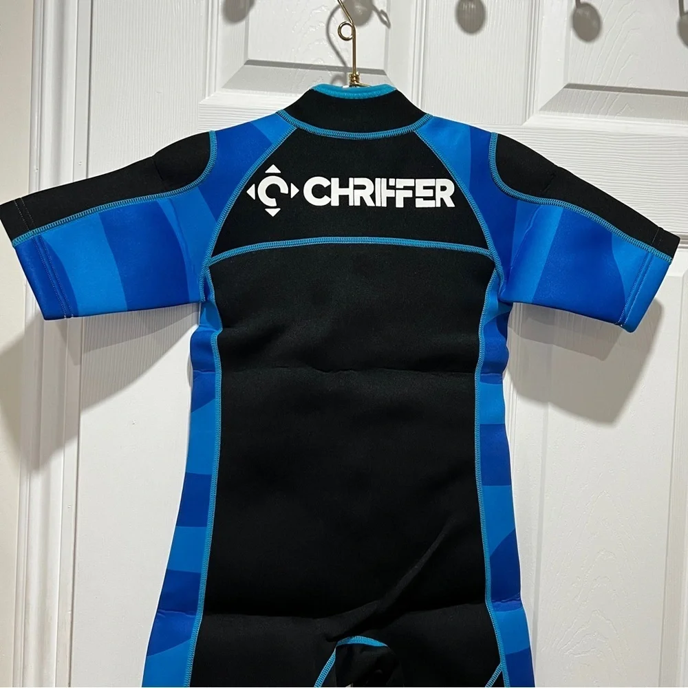Chriffer Kids Wetsuit Size Large Black/Blue Print Details Short Sleeve Boys